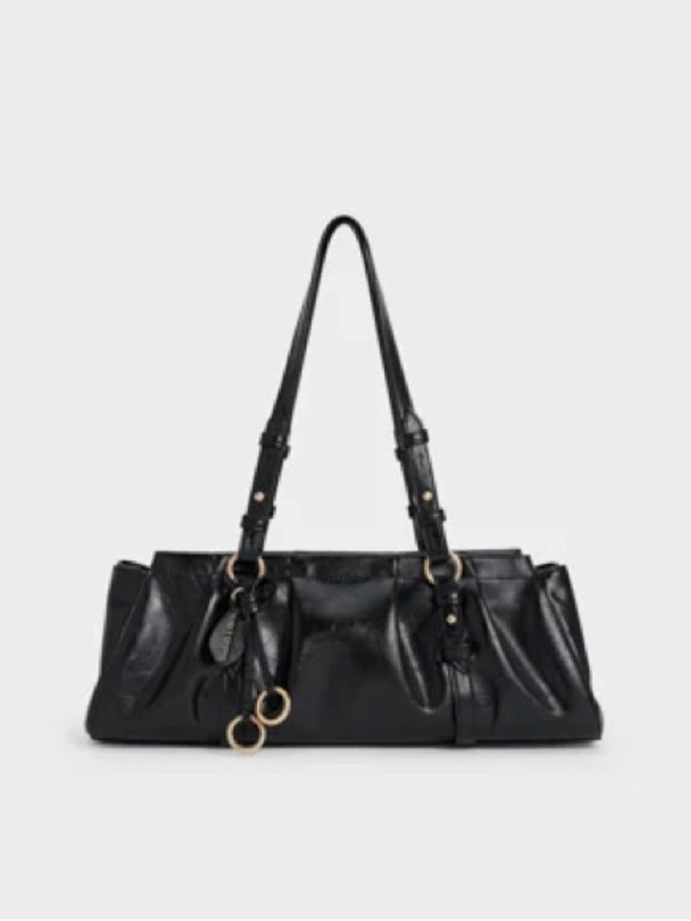 Charles & Keith Black Patent Shoulder Bag with Gold Hardware